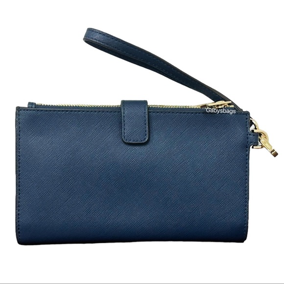 Michael Kors Jet Set Travel Large Double Zip Phone Wallet Wristlet Navy Leather - Picture 4 of 5